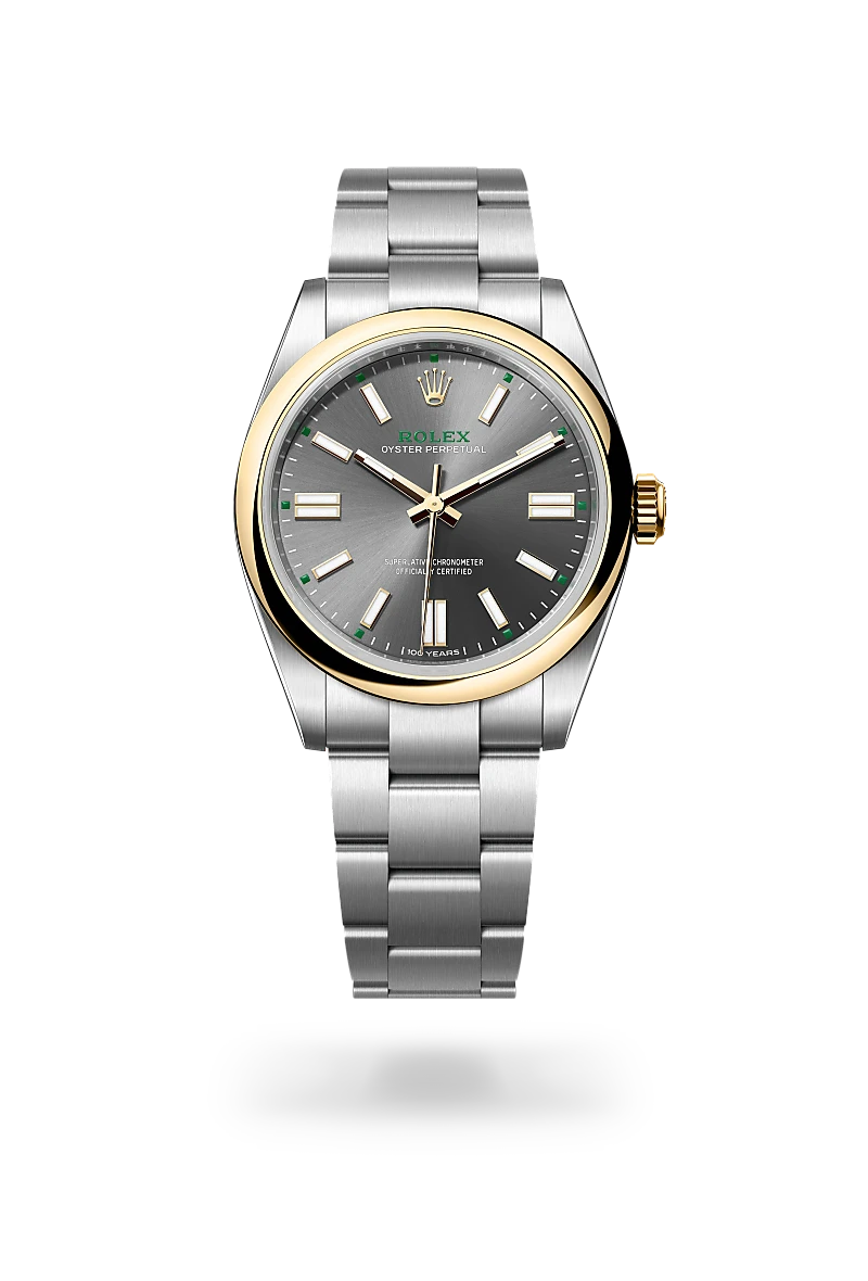 Rolex Oyster Perpetual 41 in Yellow Rolesor with a Slate finish dial, domed bezel, and Oystersteel bracelet