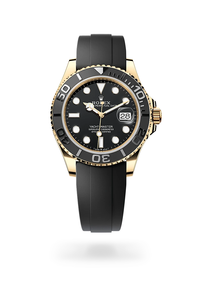 Rolex Yacht-Master 42 in 18 ct yellow gold with a Black finish dial, matt black bezel, and high-performance elastomer bracelet