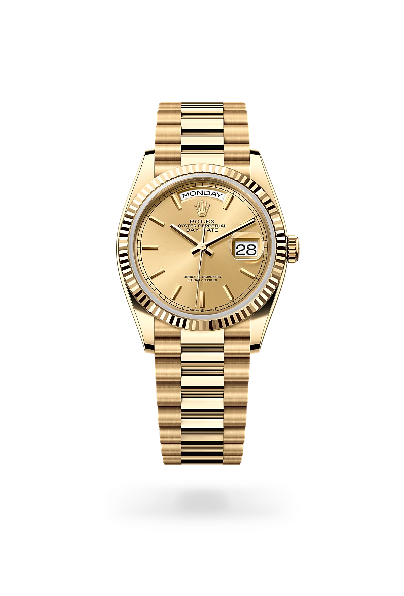 Rolex Day-Date 36 in 18 ct yellow gold with a Champagne-colour finish dial, fluted bezel, and 18 ct yellow gold bracelet