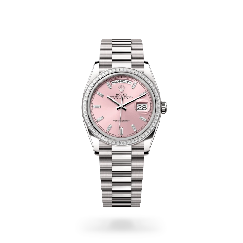 Rolex Day-Date 36 in 18 ct white gold with a Pink diamond set finish dial, diamond set bezel, and 18 ct white gold bracelet