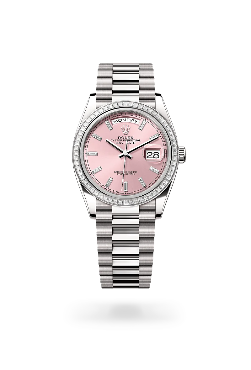 Rolex Day-Date 36 in 18 ct white gold with a Pink diamond set finish dial, diamond set bezel, and 18 ct white gold bracelet