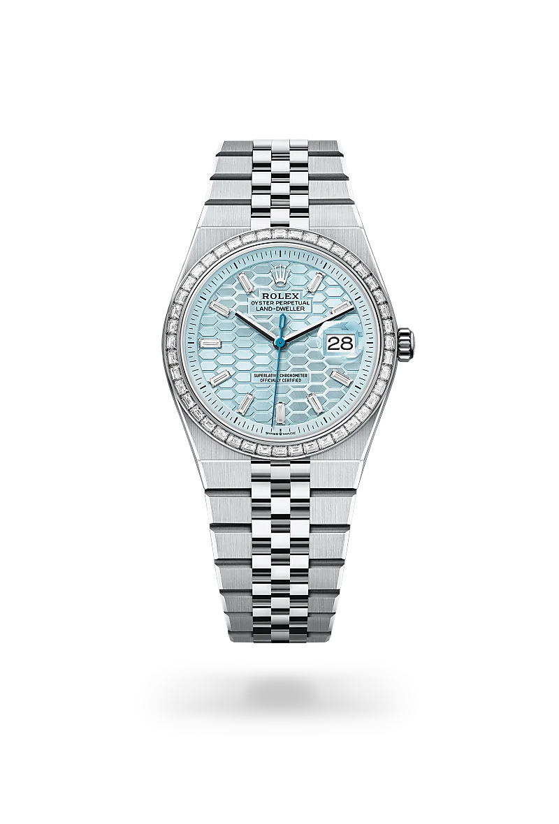 Rolex Land-Dweller 36 in Platinum with a Ice blue, honeycomb motif diamond set finish dial, diamond set bezel, and Platinum bracelet