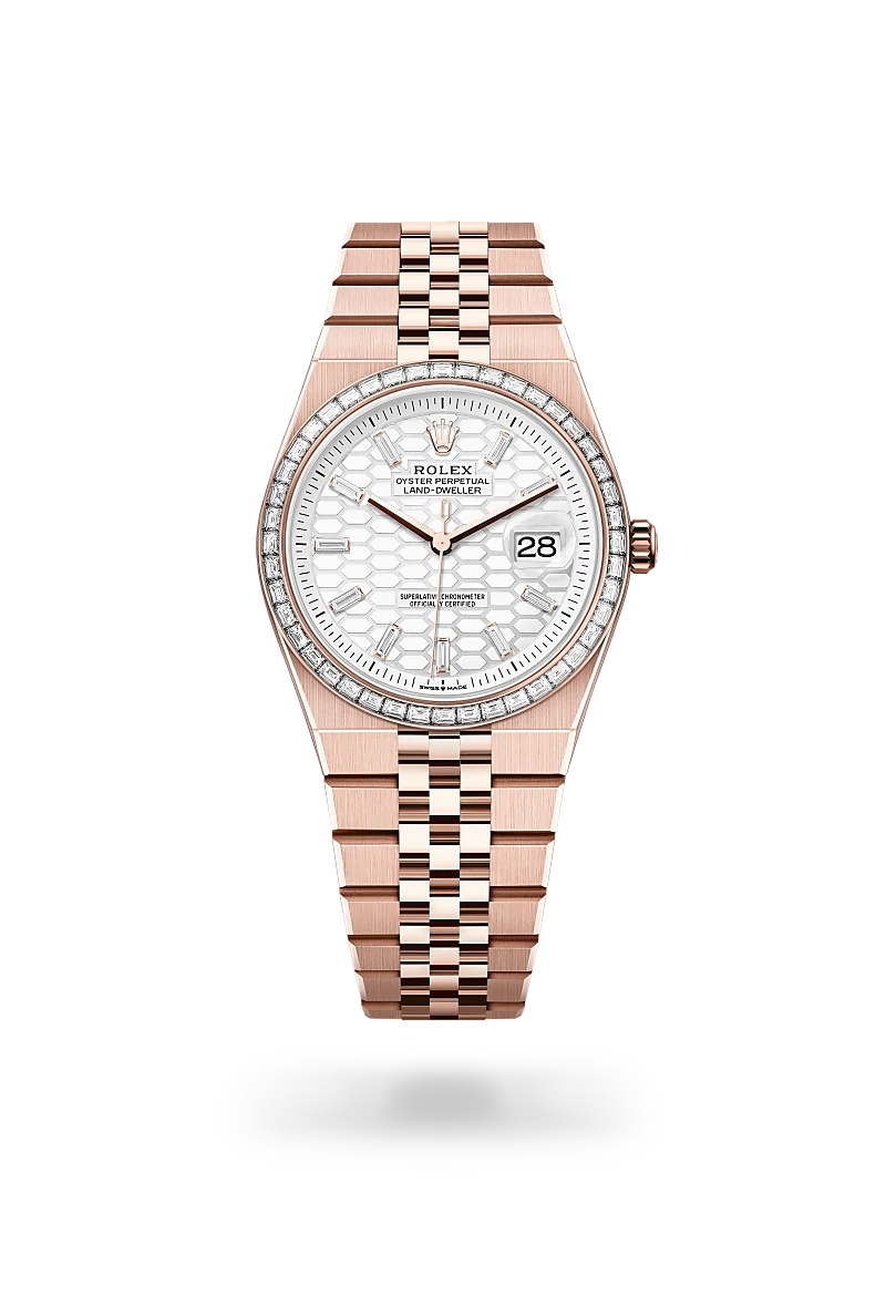 Rolex Land-Dweller 36 in 18 ct Everose gold with a Intense white, honeycomb motif diamond set finish dial, diamond set bezel, and 18 ct Everose gold bracelet