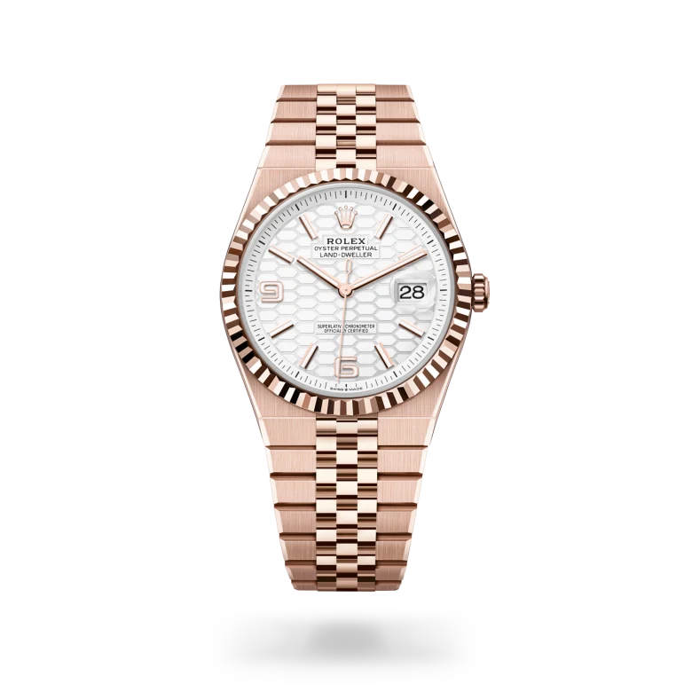 Rolex Land-Dweller 40 in 18 ct Everose gold with a Intense white, honeycomb motif finish dial, fluted bezel, and 18 ct Everose gold bracelet