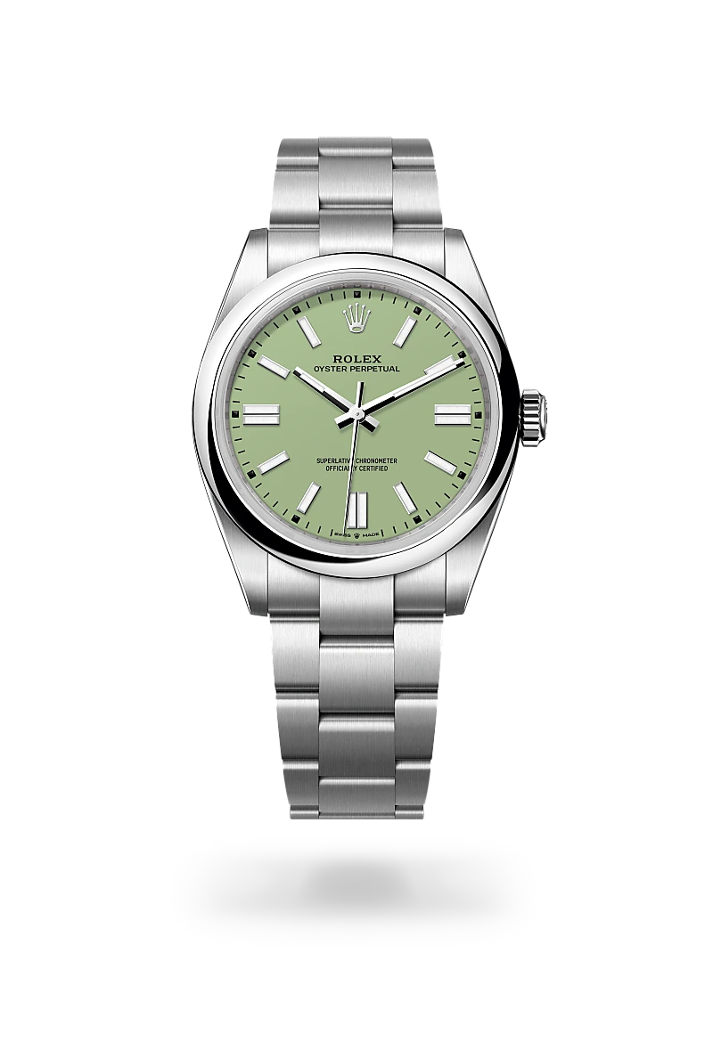 Rolex Oyster Perpetual 41 in Oystersteel with a Pistachio finish dial, domed bezel, and Oystersteel bracelet