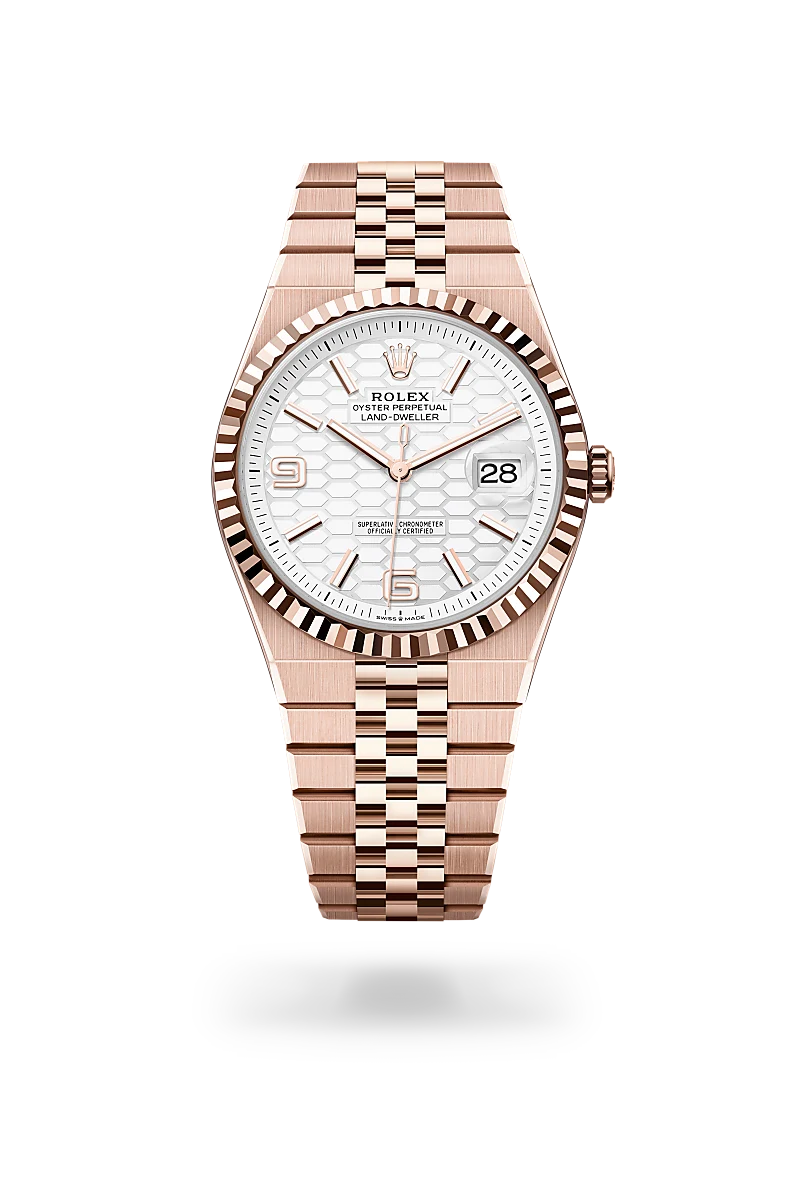 Rolex Land-Dweller 40 in 18 ct Everose gold with a Intense white, honeycomb motif finish dial, fluted bezel, and 18 ct Everose gold bracelet