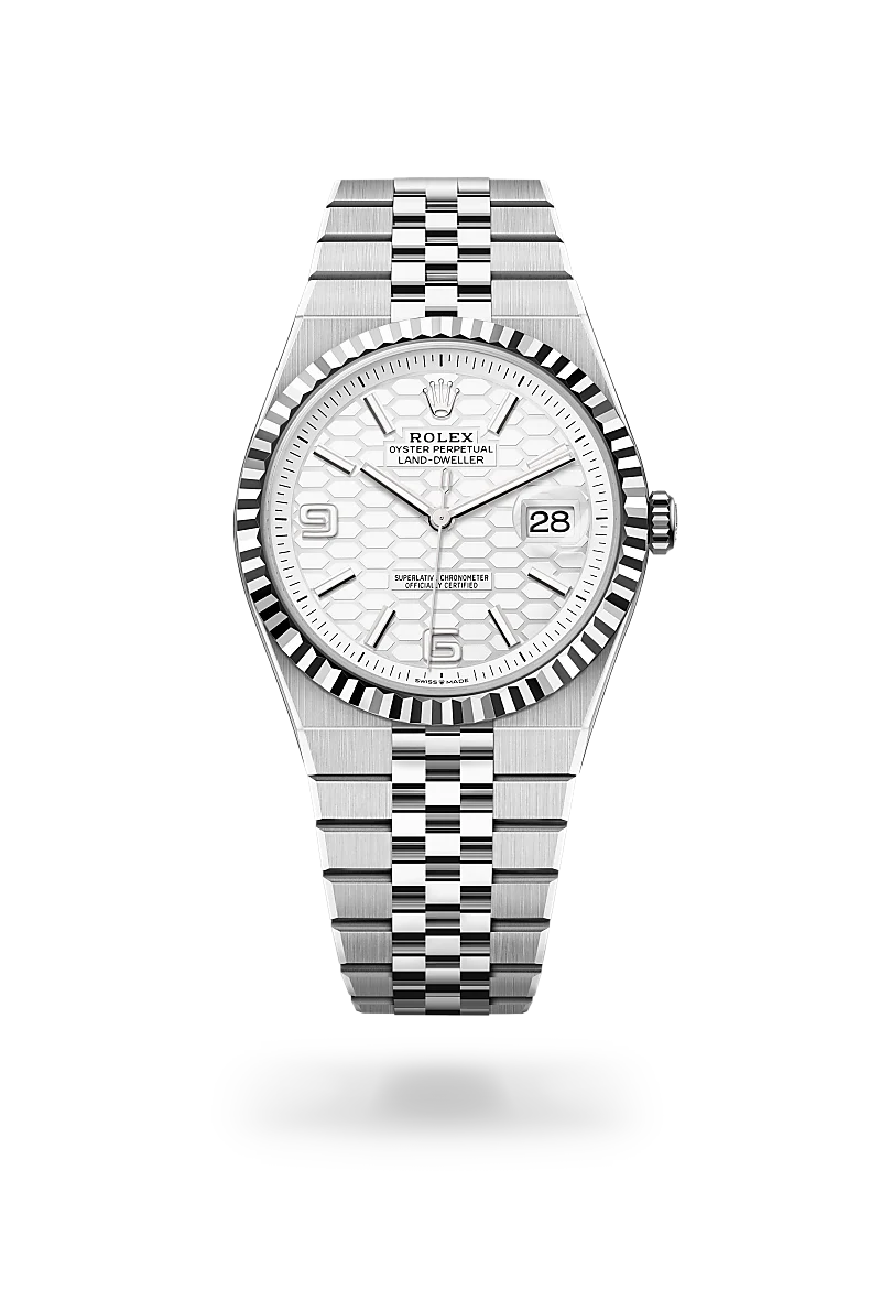 Rolex Land-Dweller 40 in White Rolesor with a Intense white, honeycomb motif finish dial, fluted bezel, and Oystersteel bracelet