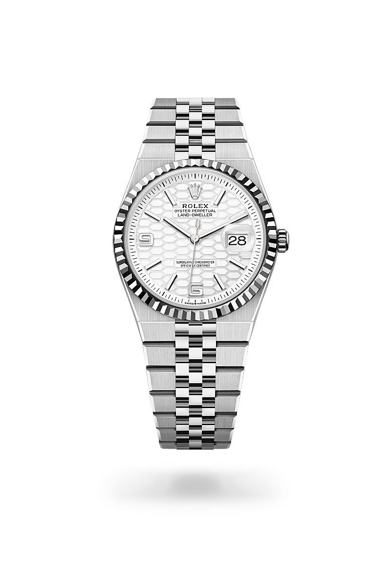 Rolex Land-Dweller 36 in White Rolesor with a Intense white, honeycomb motif finish dial, fluted bezel, and Oystersteel bracelet