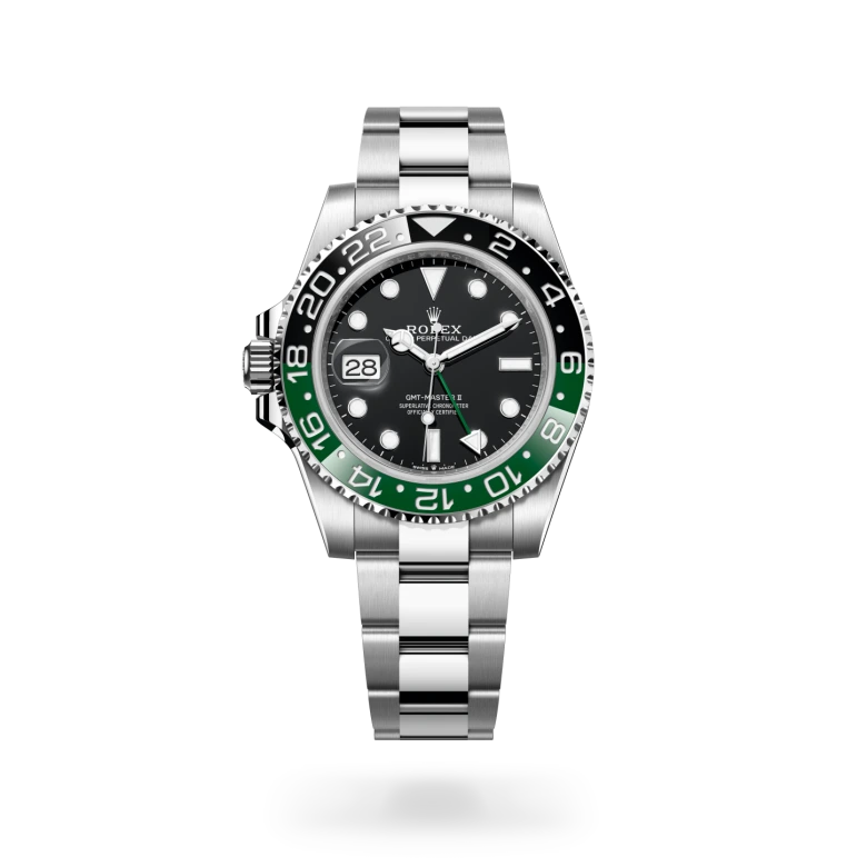 Rolex GMT-Master II in Oystersteel with a Black finish dial, Two-colour green and black bezel, and Oystersteel bracelet