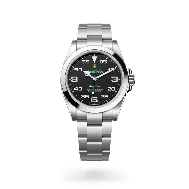 Rolex Air-King in Oystersteel with a Black finish dial, smooth bezel, and Oystersteel bracelet