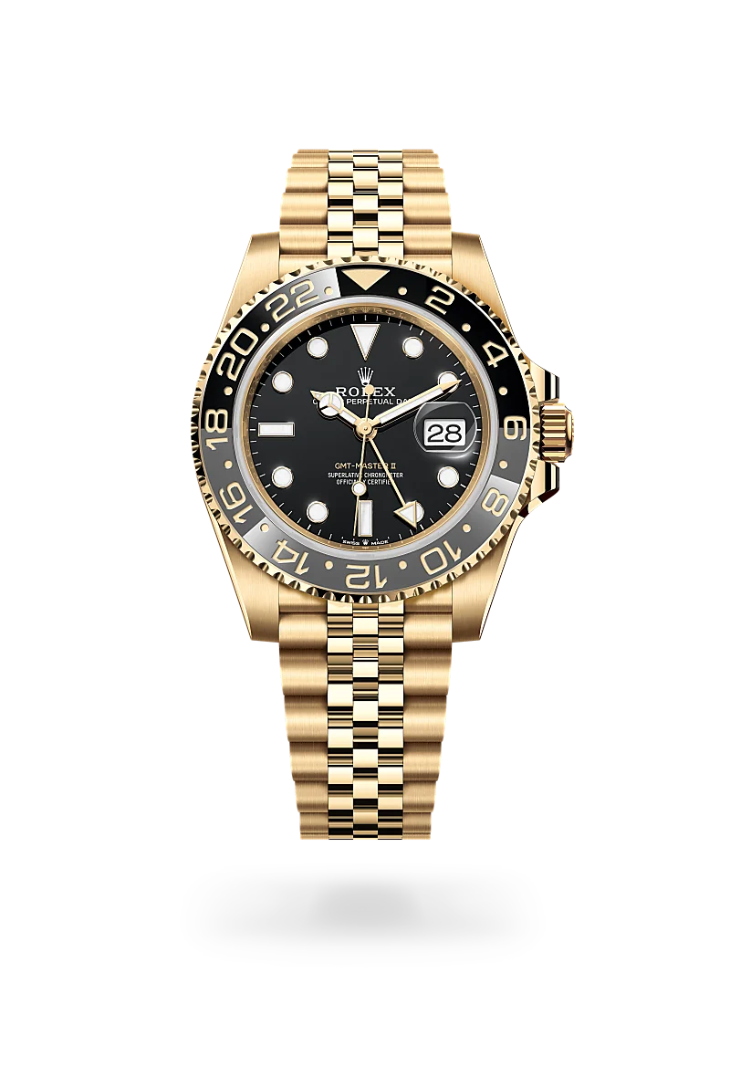 Rolex GMT-Master II in 18 ct yellow gold with a Black finish dial, Two-colour grey and black bezel, and 18 ct yellow gold bracelet