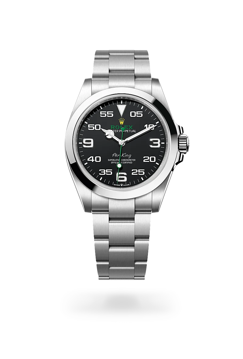 Rolex Air-King in Oystersteel with a Black finish dial, smooth bezel, and Oystersteel bracelet