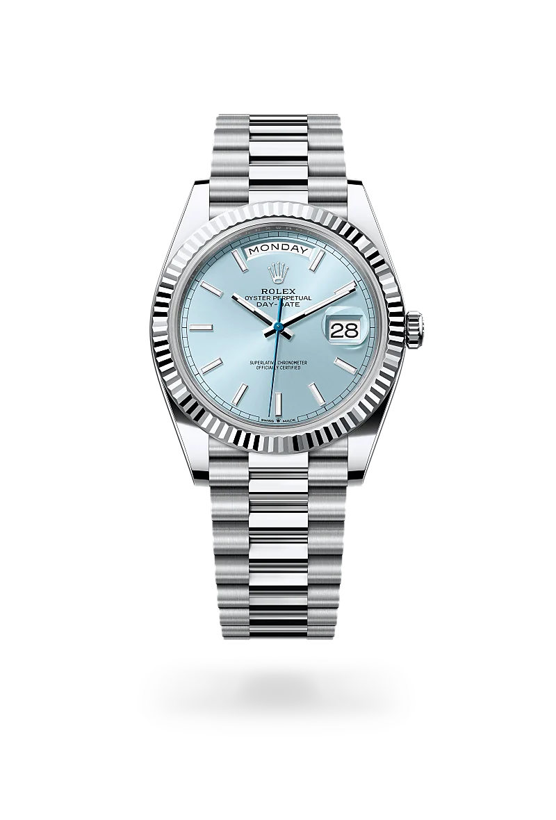Rolex Day-Date 40 in Platinum with a Ice blue finish dial, fluted bezel, and Platinum bracelet