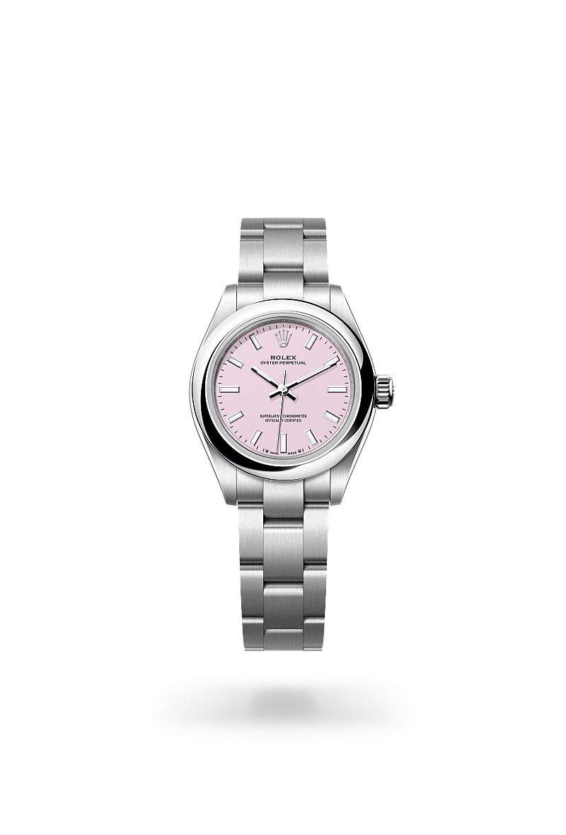 Rolex Oyster Perpetual 28 in Oystersteel with a Candy pink finish dial, domed bezel, and Oystersteel bracelet