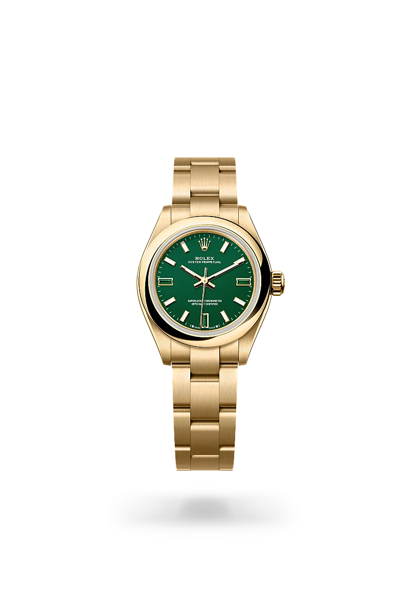 Rolex Oyster Perpetual 28 in 18 ct yellow gold with a Green stone finish dial, domed bezel, and 18 ct yellow gold bracelet