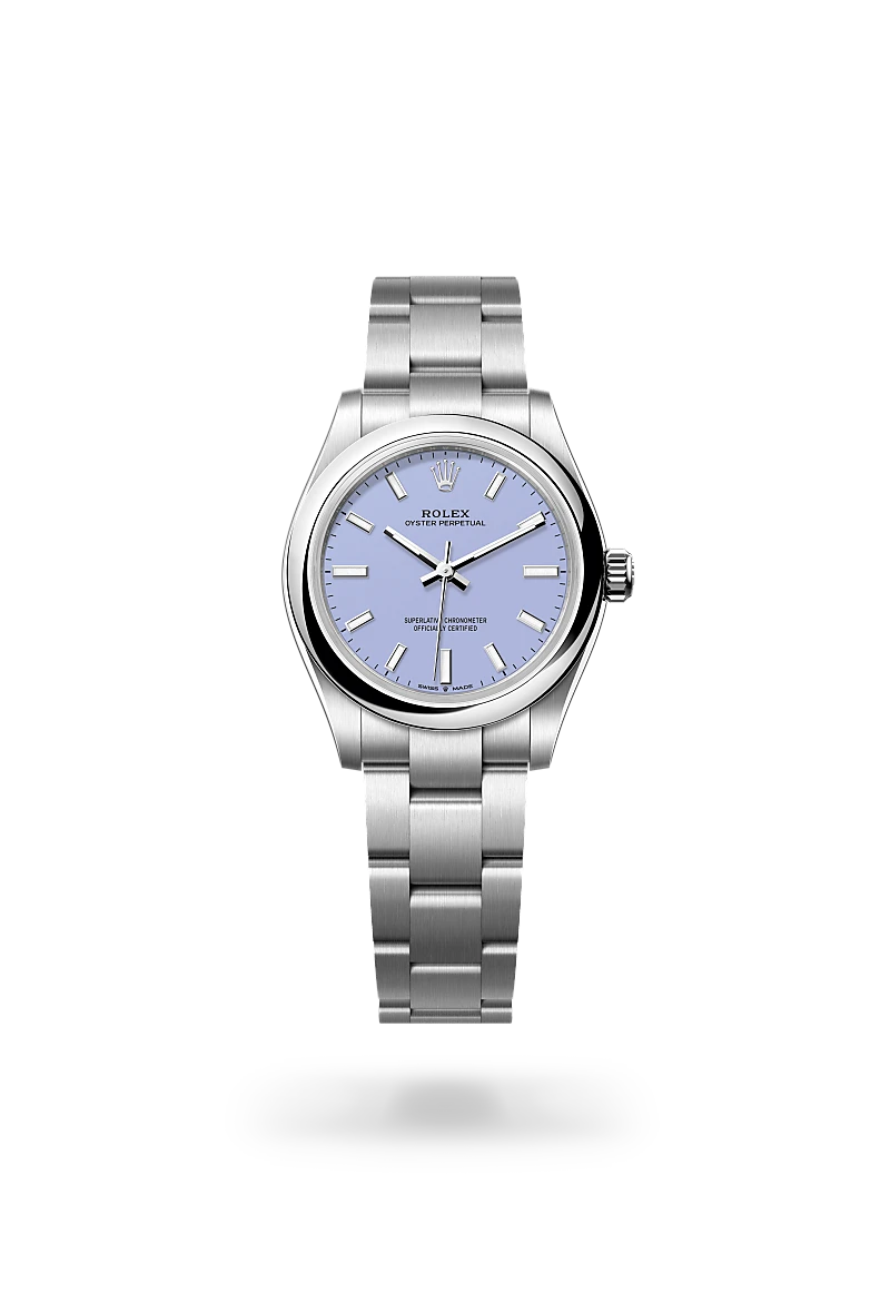 Rolex Oyster Perpetual 31 in Oystersteel with a Lavender finish dial, domed bezel, and Oystersteel bracelet