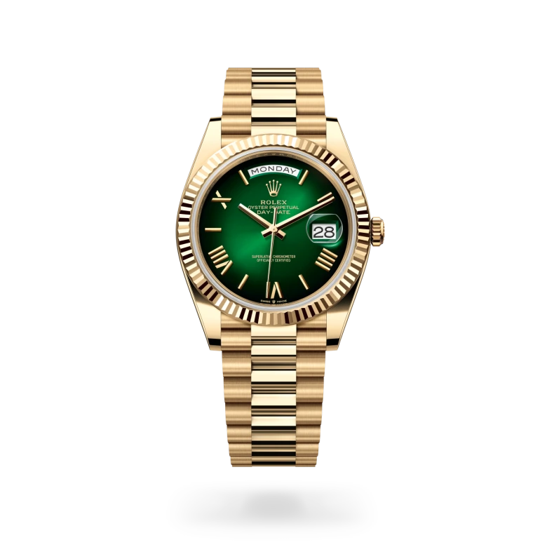 Rolex Day-Date 40 in 18 ct yellow gold with a Green ombr� finish dial, fluted bezel, and 18 ct yellow gold bracelet