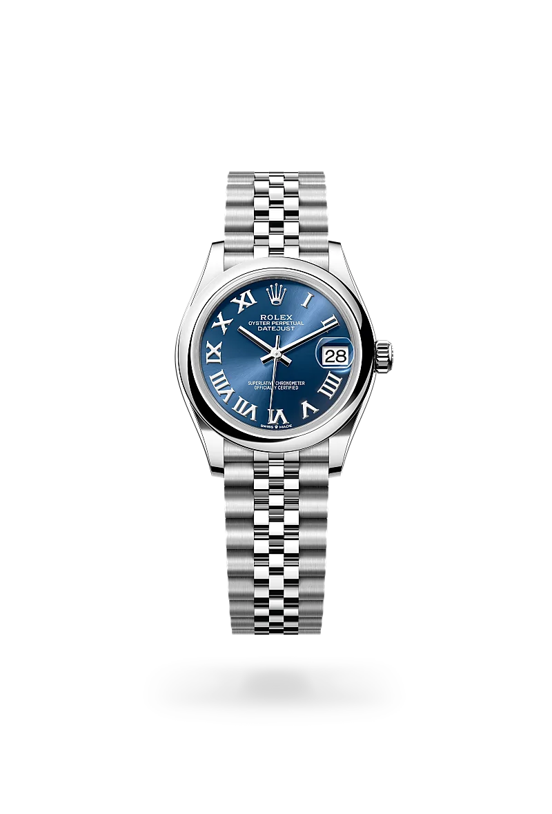 Rolex Datejust 31 in Oystersteel with a Bright blue finish dial, domed bezel, and Oystersteel bracelet