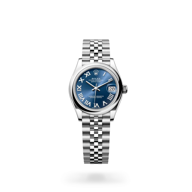 Rolex Datejust 31 in Oystersteel with a Bright blue finish dial, domed bezel, and Oystersteel bracelet