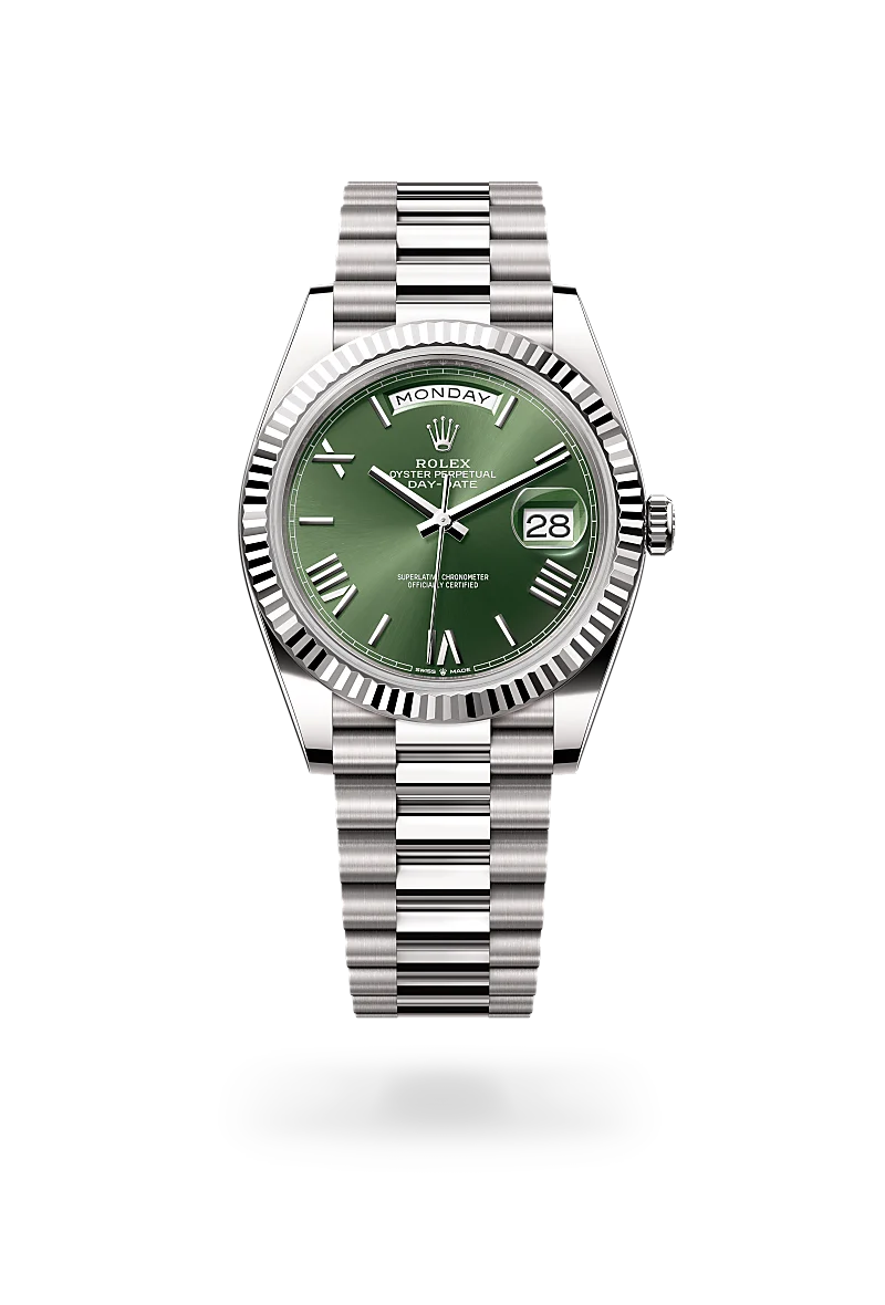 Rolex Day-Date 40 in 18 ct white gold with a Olive green finish dial, fluted bezel, and 18 ct white gold bracelet