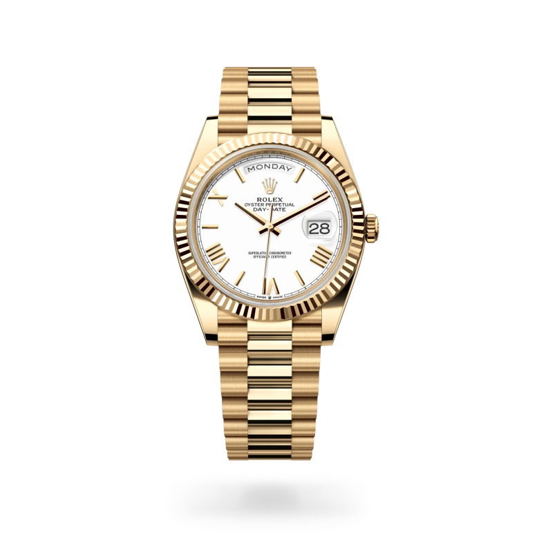 Rolex Day-Date 40 in 18 ct yellow gold with a White finish dial, fluted bezel, and 18 ct yellow gold bracelet