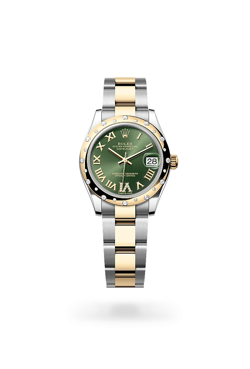 Rolex Datejust 31 in Yellow Rolesor with a Olive green diamond set finish dial, domed, diamond set bezel, and Yellow Rolesor bracelet