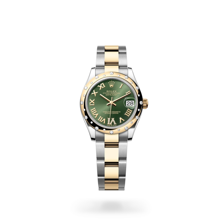 Rolex Datejust 31 in Yellow Rolesor with a Olive green diamond set finish dial, domed, diamond set bezel, and Yellow Rolesor bracelet