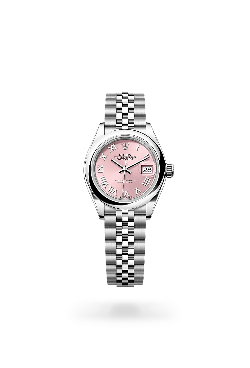 Rolex Lady-Datejust in Oystersteel with a Pink finish dial, domed bezel, and Oystersteel bracelet