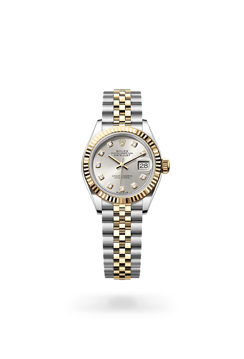 Rolex Lady-Datejust in Yellow Rolesor with a Silver diamond set finish dial, fluted bezel, and Yellow Rolesor bracelet