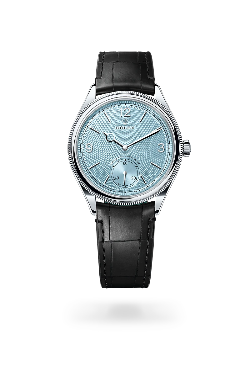 Rolex 1908 in Platinum with a Ice blue, rice-grain motif finish dial, domed and fluted bezel, and Matt black alligator leather bracelet