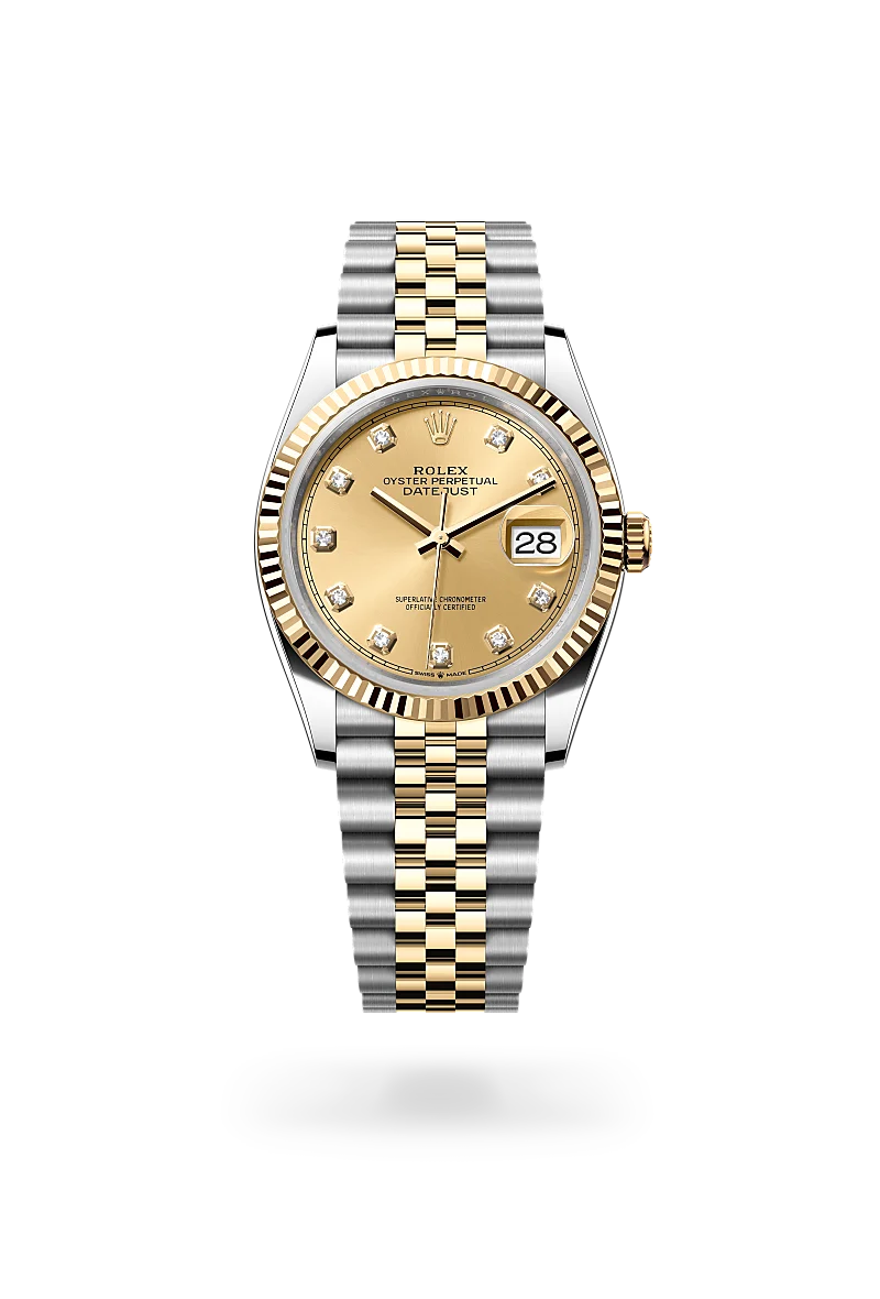 Rolex Datejust 36 in Yellow Rolesor with a Champagne-colour diamond set finish dial, fluted bezel, and Yellow Rolesor bracelet