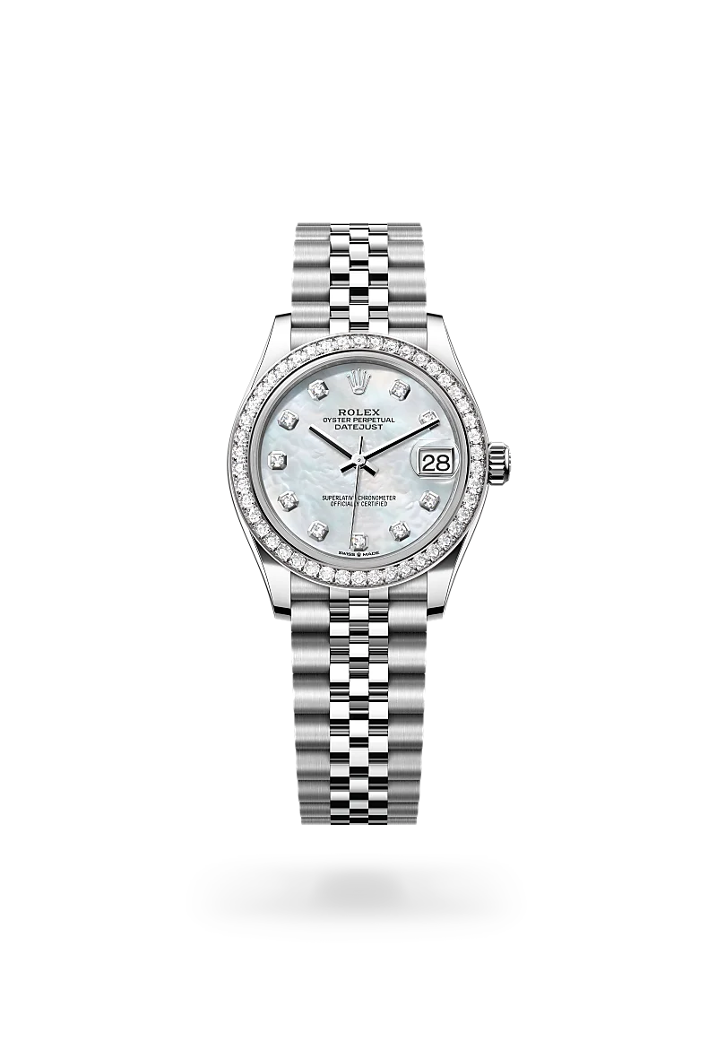 Rolex Datejust 31 in White Rolesor with a White mother-of-pearl diamond set finish dial, diamond-set bezel, and Oystersteel bracelet
