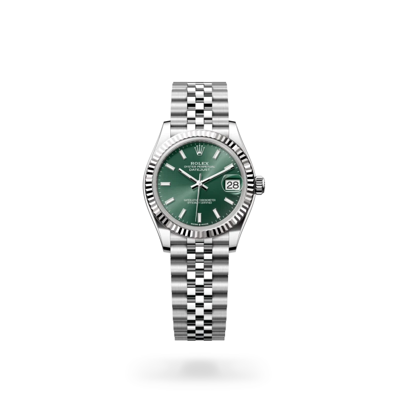 Rolex Datejust 31 in White Rolesor with a Mint green finish dial, fluted bezel, and Oystersteel bracelet