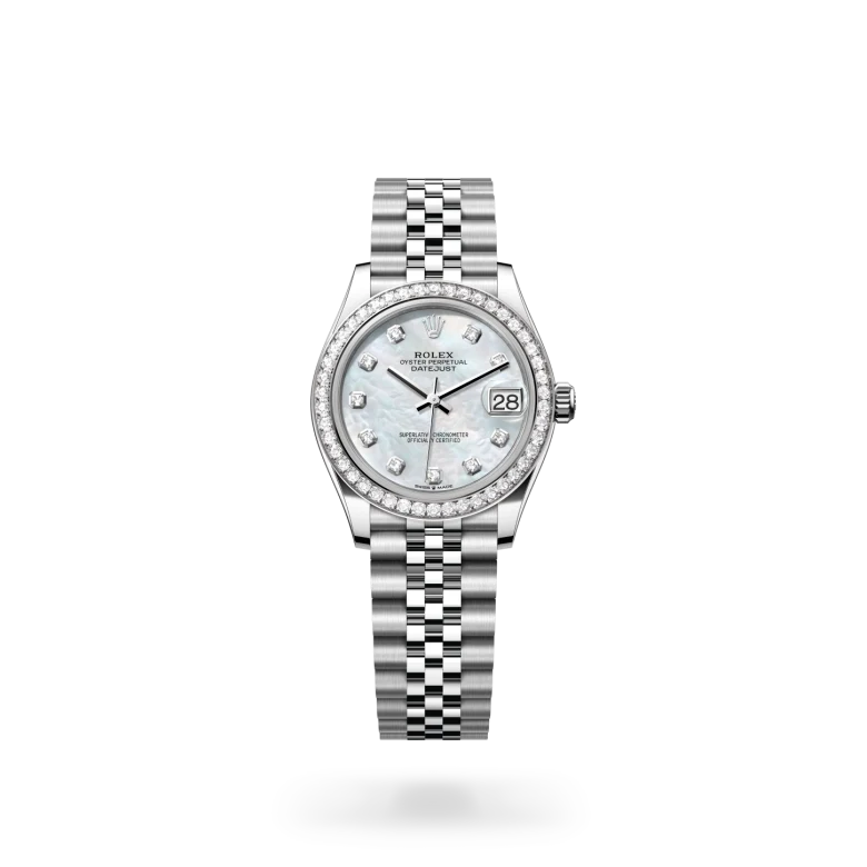 Rolex Datejust 31 in White Rolesor with a White mother-of-pearl diamond set finish dial, diamond-set bezel, and Oystersteel bracelet