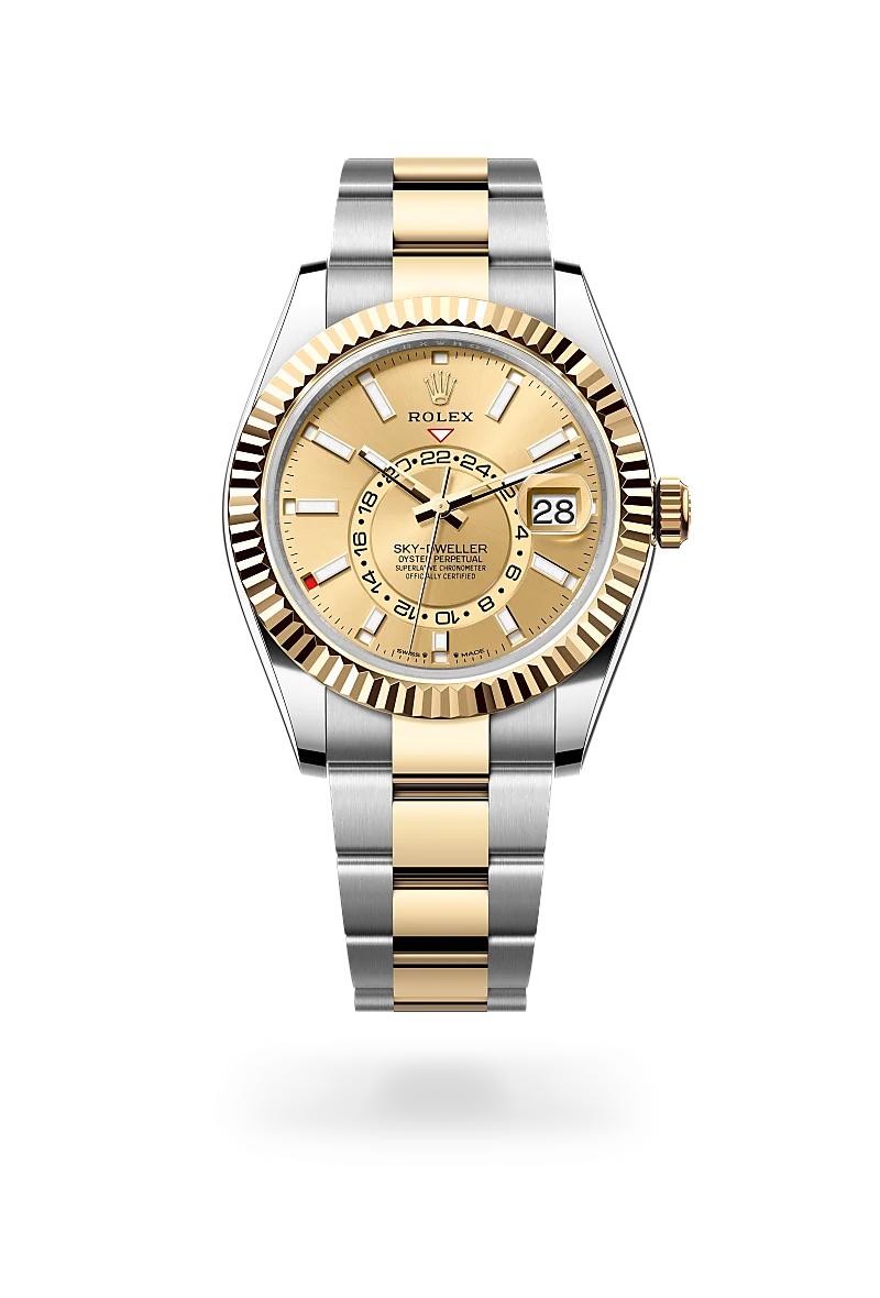 Rolex Sky-Dweller in Yellow Rolesor with a Champagne-colour finish dial, fluted, Rolex Ring Command bezel, and Yellow Rolesor bracelet