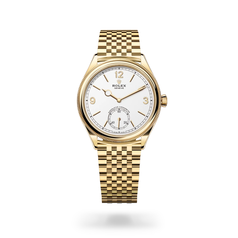 Rolex 1908 in 18 ct yellow gold with a Intense white finish dial, domed and fluted bezel, and 18 ct yellow gold bracelet