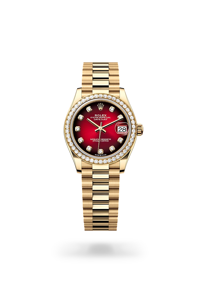 Rolex Datejust 31 in 18 ct yellow gold with a Red ombr� diamond set finish dial, diamond-set bezel, and 18 ct yellow gold bracelet