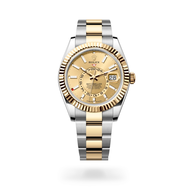 Rolex Sky-Dweller in Yellow Rolesor with a Champagne-colour finish dial, fluted, Rolex Ring Command bezel, and Yellow Rolesor bracelet