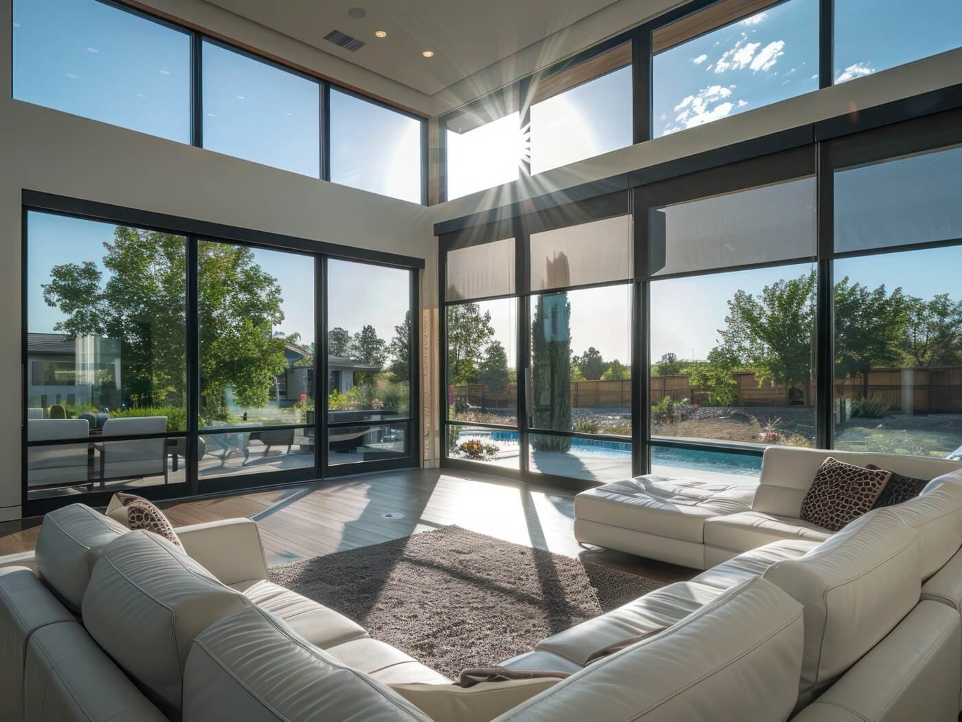 Modernes Wohnzimmer mit raumhohen Fenstern, hellen Ledersofas und Blick auf eine Terrasse mit Pool.
