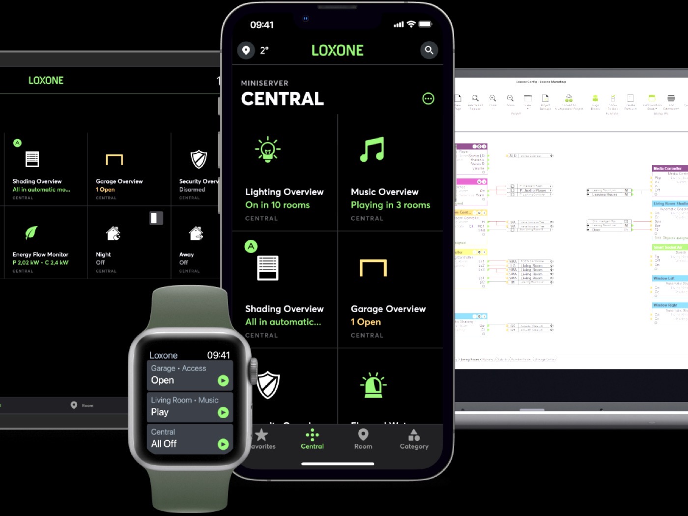 Ein Smartphone, eine Smartwatch und ein Laptop, die alle die Benutzeroberfläche der Loxone Smart-Home-Steuerungssoftware anzeigen.