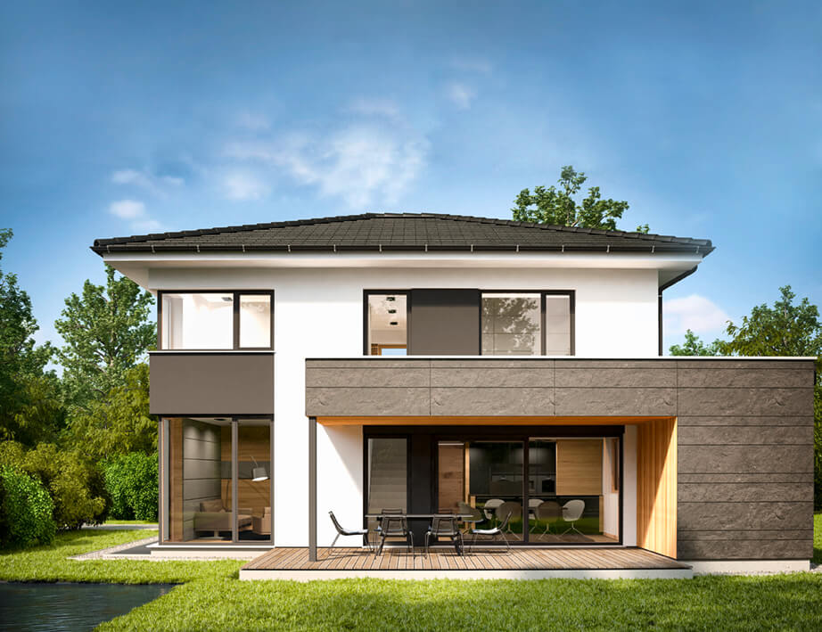 Romberger Fertigteilhaus mit klater architektonicher Formensprache und einer Kombination verschiedener Materialien.