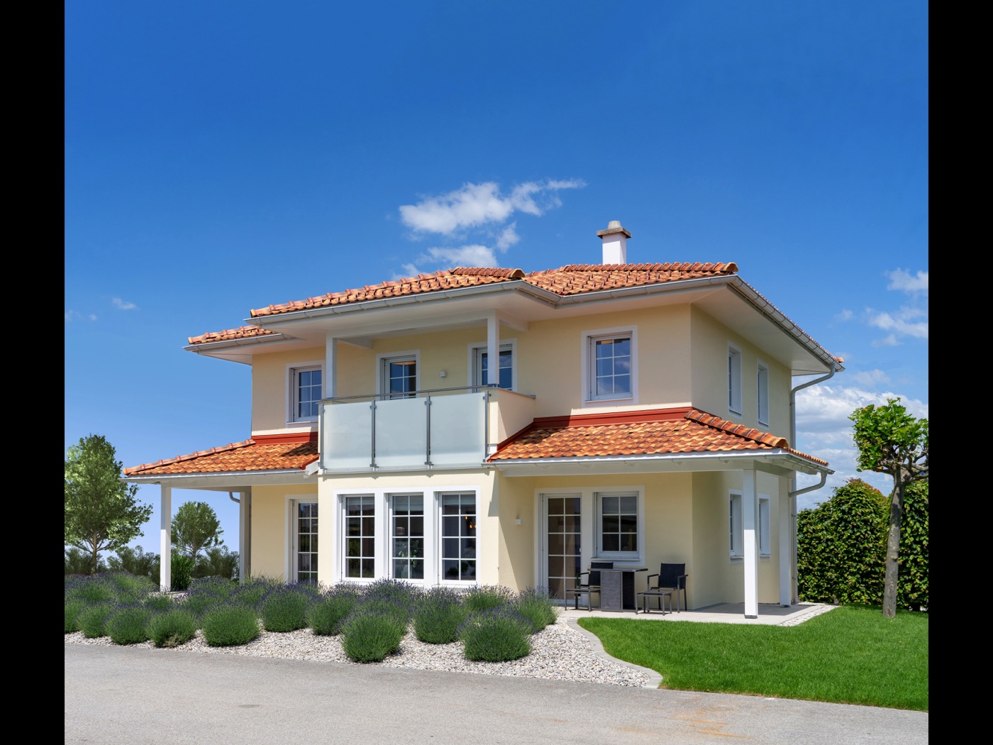 Außenansicht eines Fertigteilhauses im mediterranen Stil vom Hersteller Wolf Haus