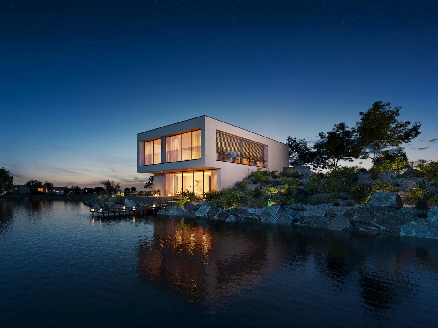 Moderne Villa in der Abenddämmerung, die direkt an einem ruhigen Seeufer liegt.