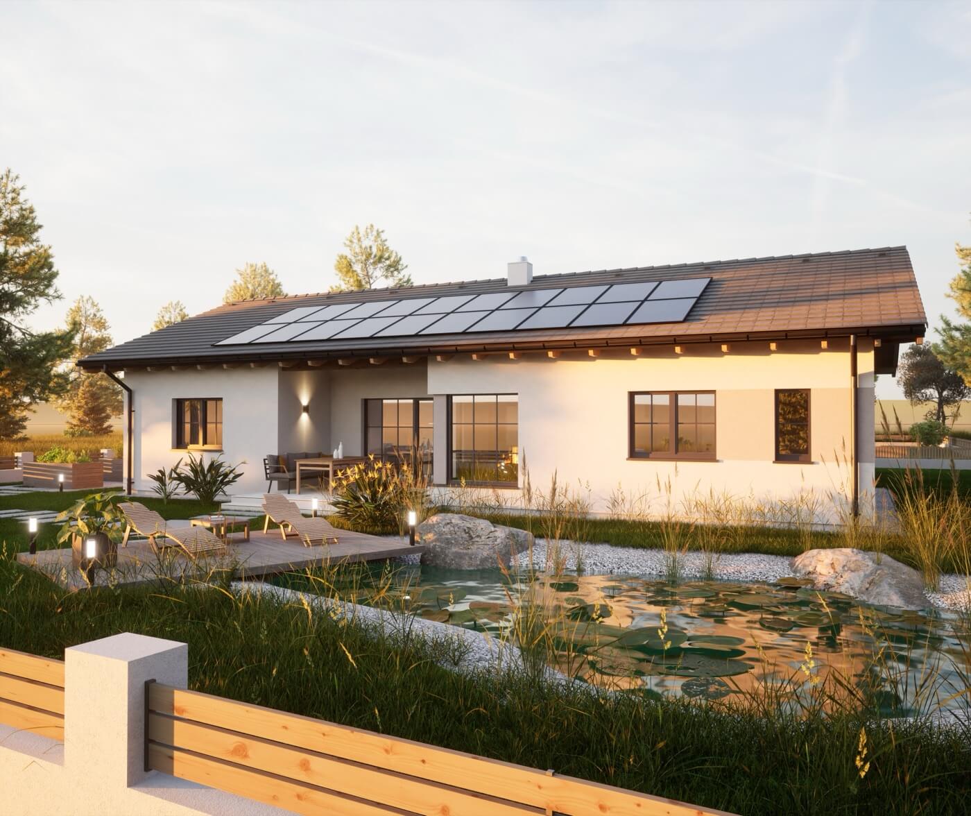 Außenansicht eines modernen, energieeffizienten Bungalows, der in eine idyllische Gartenlandschaft eingebettet ist.