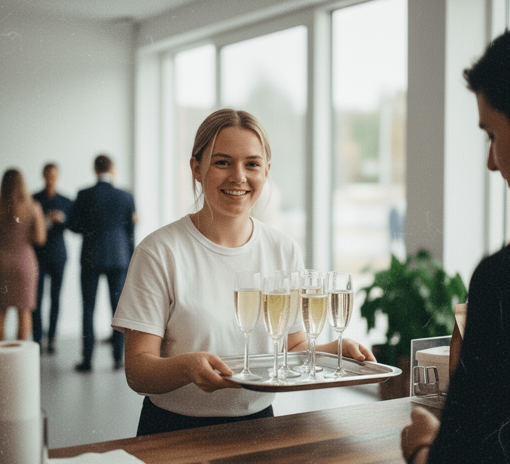 Servicekraft in Hamburg serviert Getränke auf einem Event freundliches Eventpersonal beim Empfang.