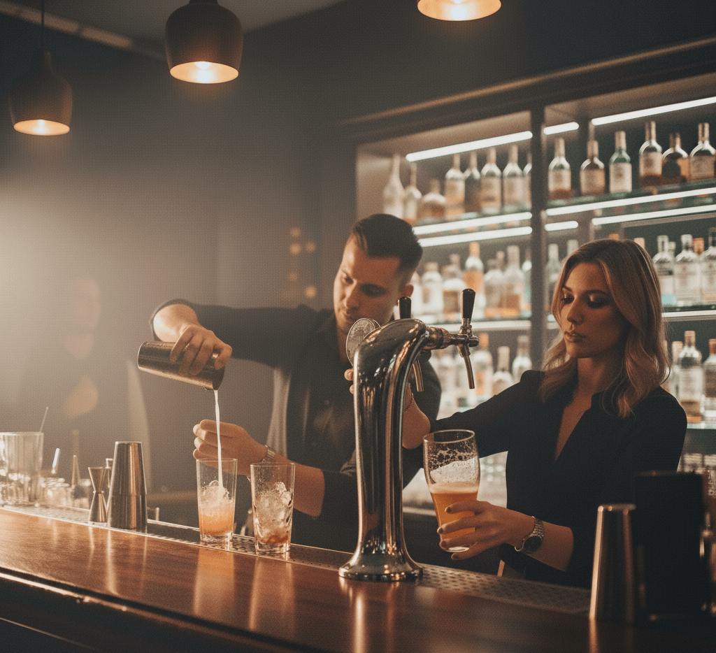 Barkeeper und Servicepersonal in Hamburg zapfen Getränke und arbeiten hinter der Bar bei einer Veranstaltung.