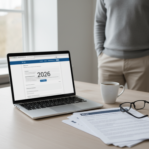 Realistisk foto af en person ved et bord med laptop og papirer om forskudsopgørelse 2026, hvor skattesiden på skærmen er sløret, og kun hænder og overkrop ses uden ansigt. Illustrerer gennemgang og rettelse af forskudsopgørelsen hos SkatteInform.