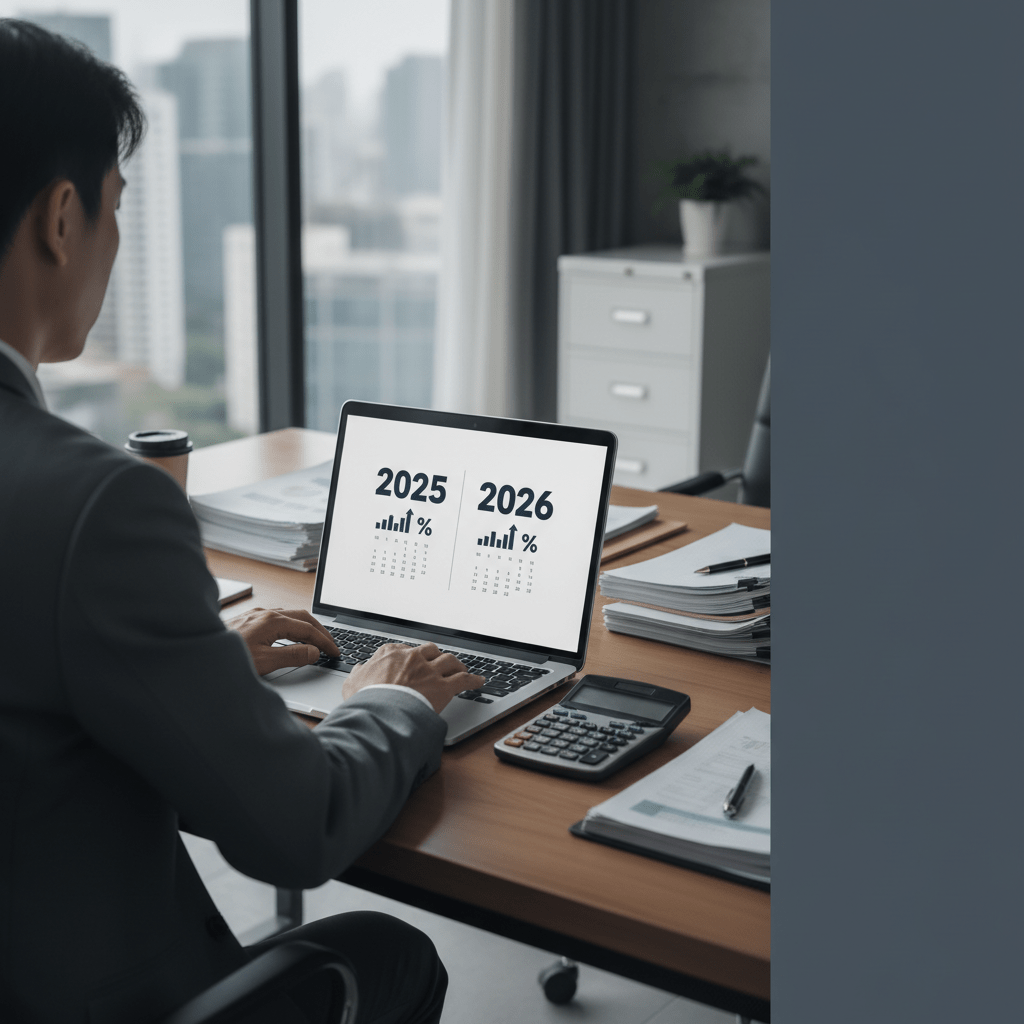 Person ved skrivebord med laptop, papirer og lommeregner, der beregner restskat for 2025 og planlægger skat og frivillig indbetaling frem mod skatten for 2026.