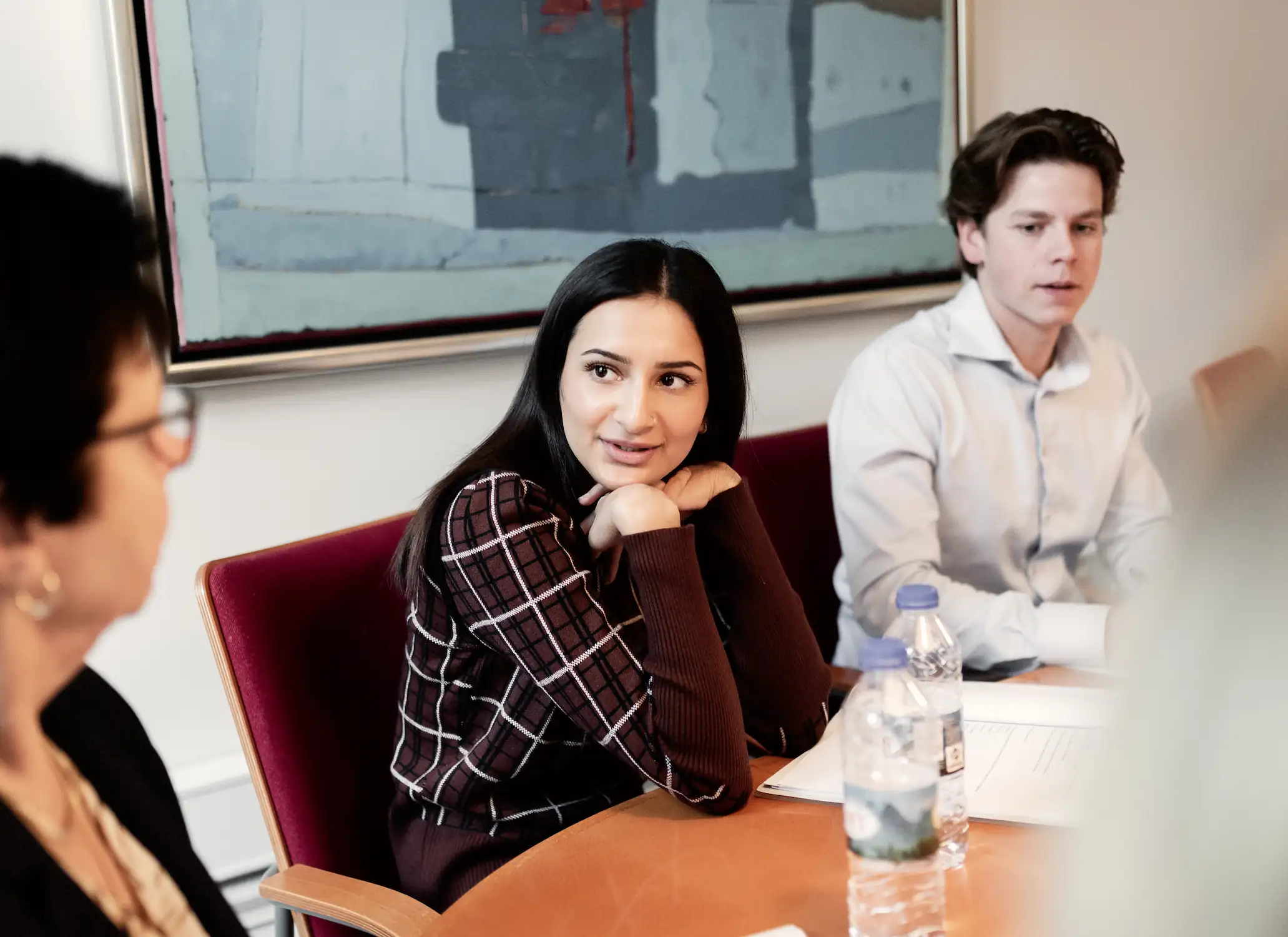 To kolleger sidder ved et mødebord og deltager i en samtale. En kvinde i ternet bluse læner sig frem og lytter, mens en mand i lys skjorte sidder ved siden af. På bordet står vandflasker og ligger papirer, og i baggrunden hænger et stort kunstværk.