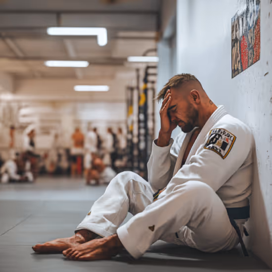 A man in a white martial arts gi sitting against a gym wall, appearing stressed with his hand on his forehead. The gym in the background is blurred, with people training on mats.